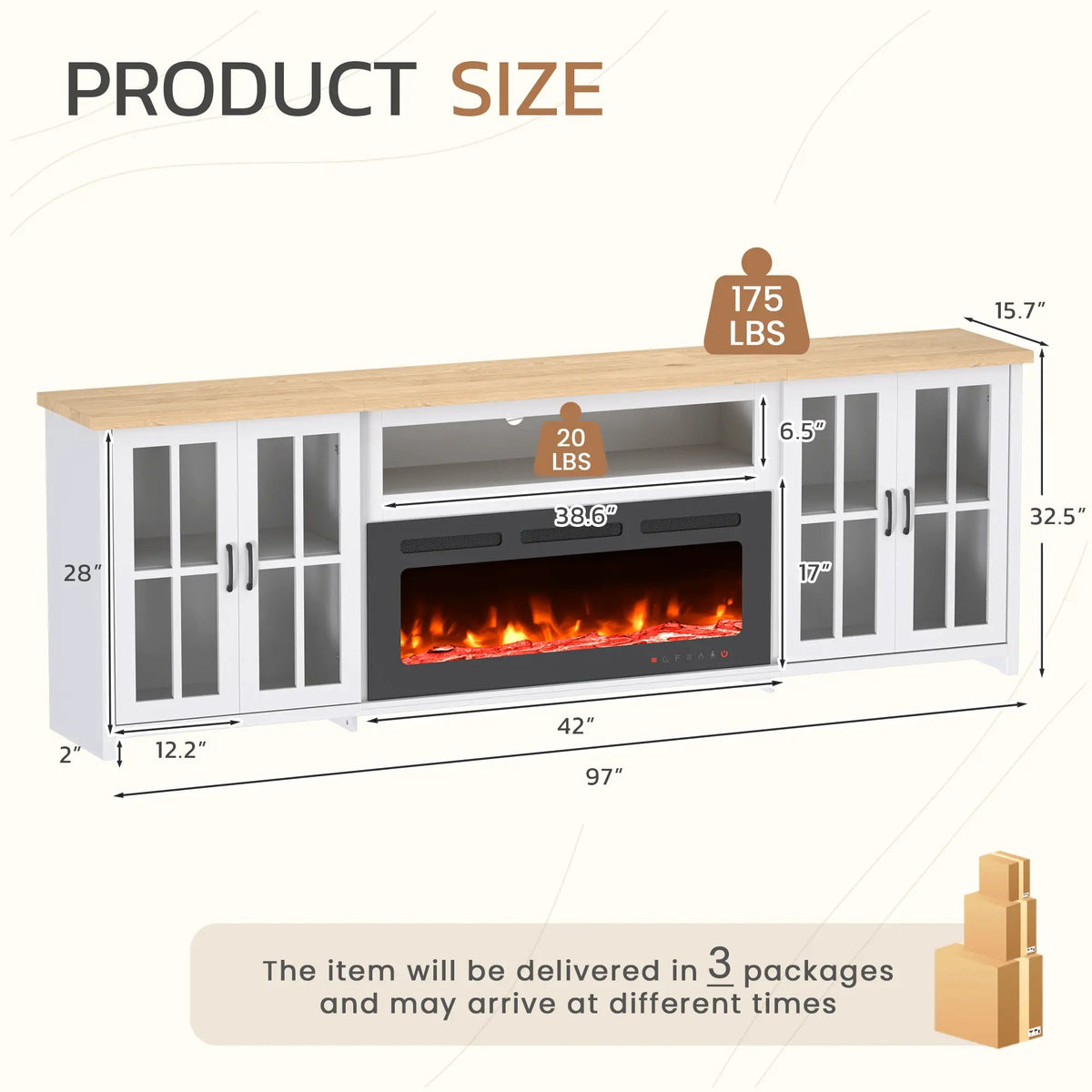 EROMMY 97 Inch Fireplace TV Stand with 42" Electric Fireplace, Fireplace Entertainment Center Media Console, Long TV Stand for Living Room, Television Stands for 100 Inch TV, White