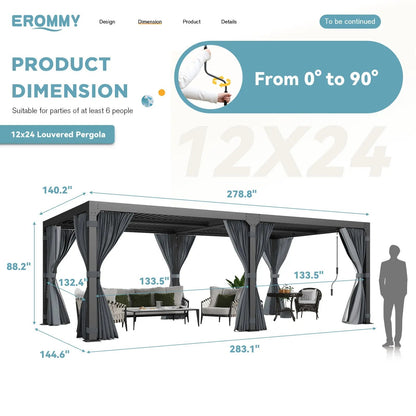 EROMMY 12x24 Adjustable Louvered Pergola with Waterproof Roof (Dark Grey)