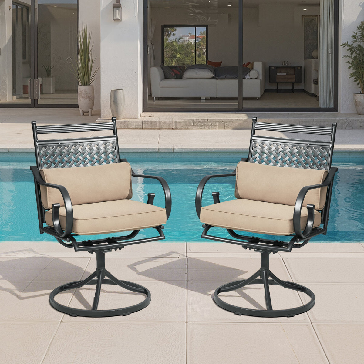 EROMMY Patio Swivel Chair Set of 6, Outdoor Dining Chairs with Cushions for Porch, Deck, and Garden, Khaki