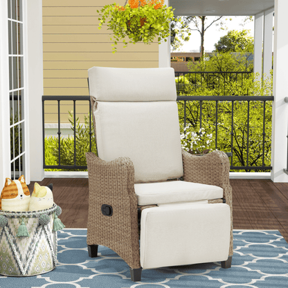 EROMMY Outdoor Wicker Recliner Chair with Footrest, Patio Rattan Armchair, Light Gray