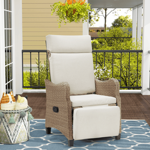 EROMMY Outdoor Wicker Recliner Chair with Footrest, Patio Rattan Armchair, Light Gray