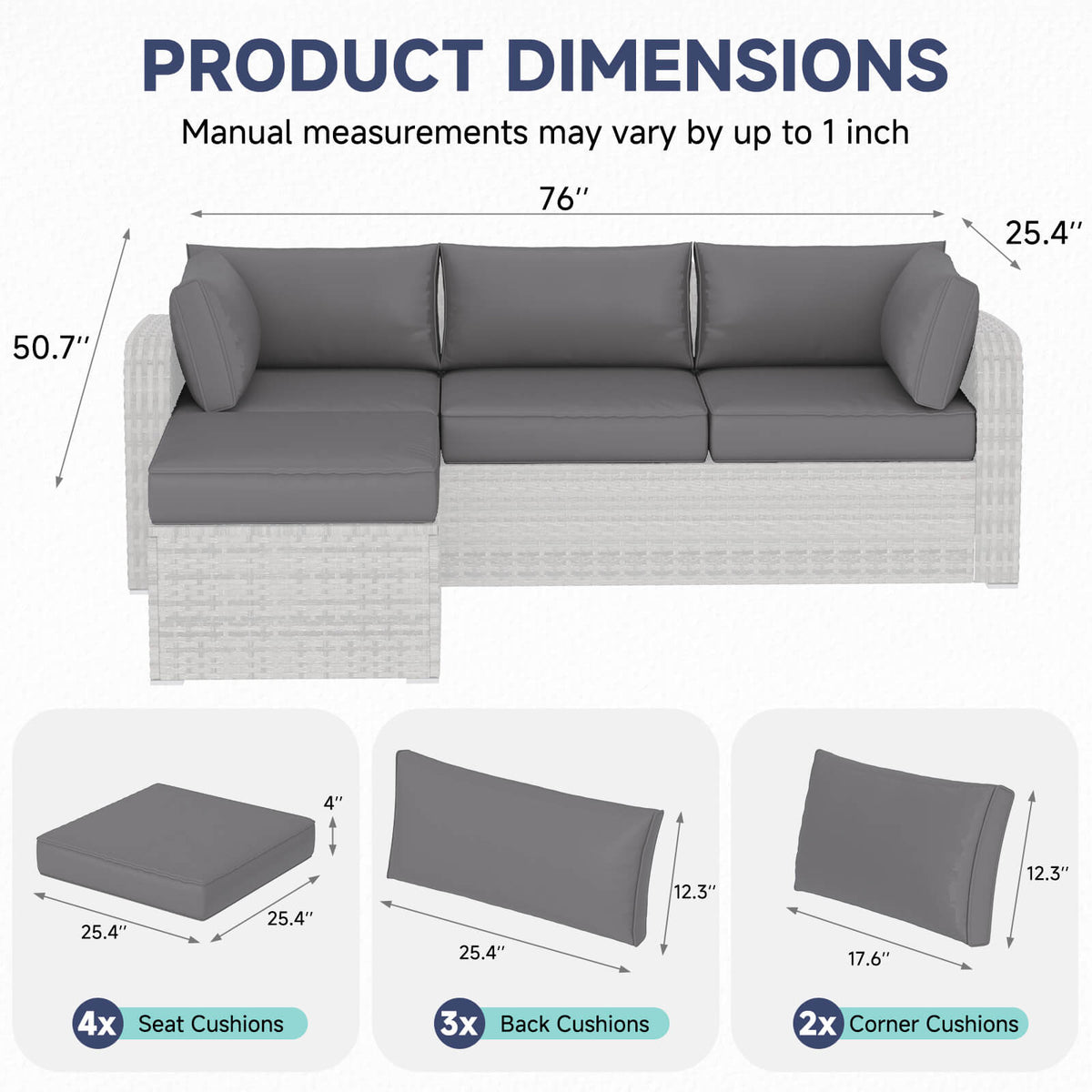 EROMMY 9-Piece Outdoor Sectional Cushions for 4-Seat Sofa, Waterproof Deep Seat w/ Non-Slip & Machine Washable Covers, Gray