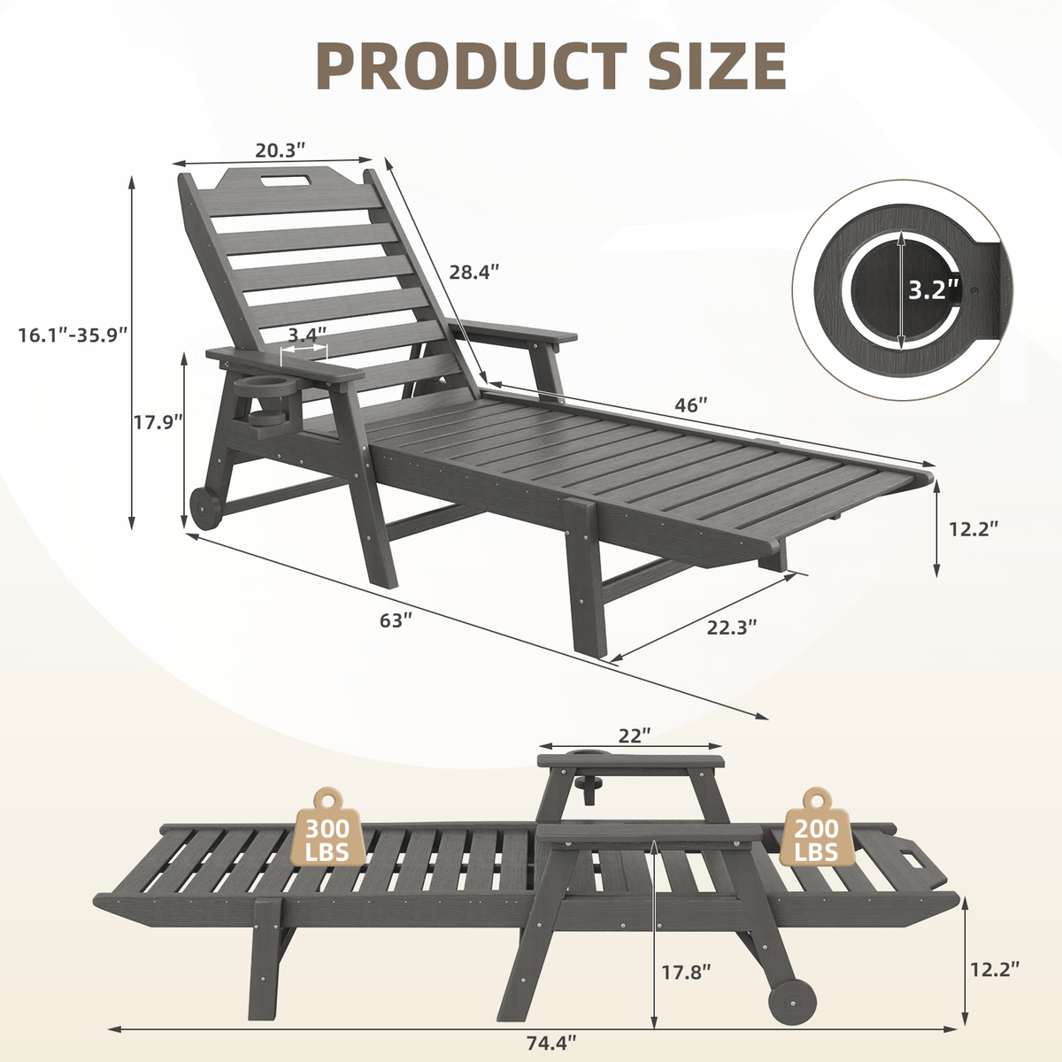 EROMMY 22" W Oversized Chaise Lounge Chairs, Adjustable HDPE Outdoor Chairs with Wheels & Cup Holder, Dark Grey