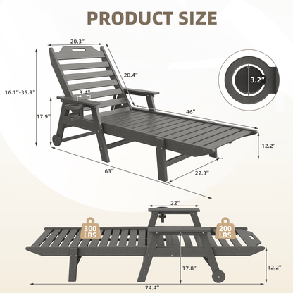 EROMMY 22" W Oversized Chaise Lounge Chairs, Adjustable HDPE Outdoor Chairs with Wheels & Cup Holder, Dark Grey