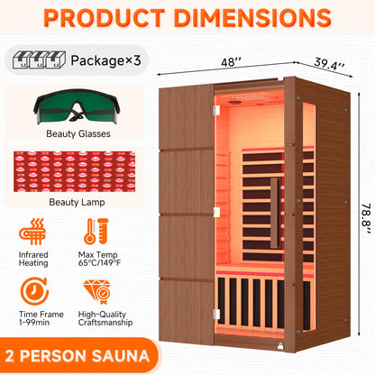 EROMMY 2-Person Indoor Infrared Sauna for Home, Far Infrared Sauna with Red Light Therapy, Chromotherapy Lighting, 6 Carbon Heaters & Bluetooth Speaker, Walnut