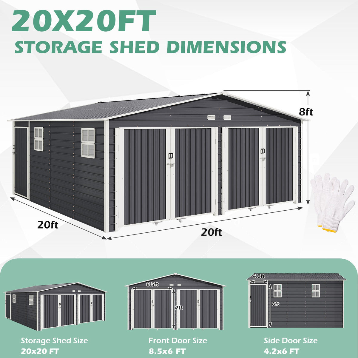 EROMMY 20x20 FT Heavy Duty Carport - Galvanized Steel Frame Car Shelter with Reinforced Base, Enclosed Storage Shed for Cars & Trucks, Grey