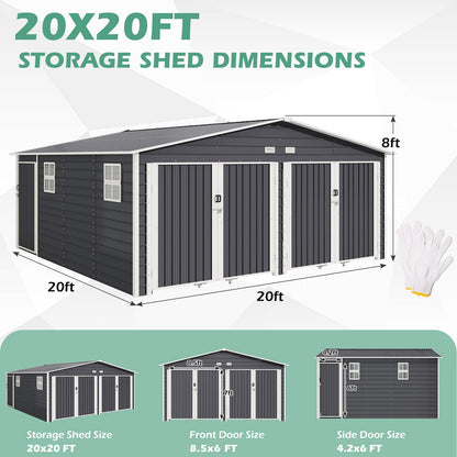 EROMMY 20x20 FT Heavy Duty Carport - Galvanized Steel Frame Car Shelter with Reinforced Base, Enclosed Storage Shed for Cars & Trucks, Grey