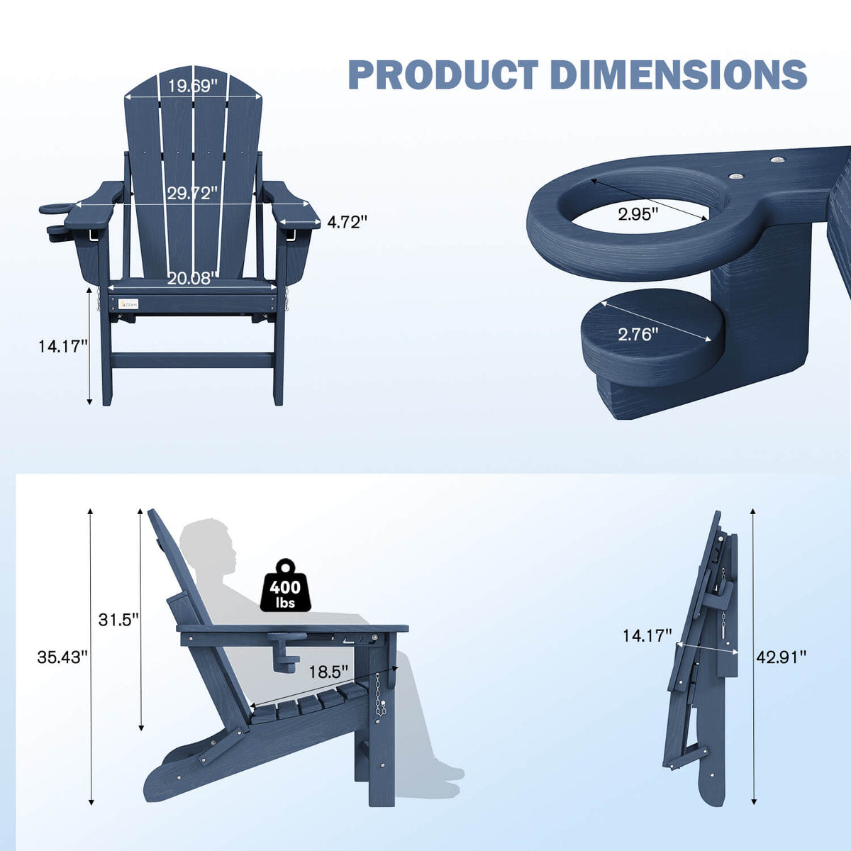 EROMMY 3-Position Adjustable Adirondack Chairs Set of 4, 400LBS HDPE Folding Outdoor Chairs with Cup Holder, Navy Blue