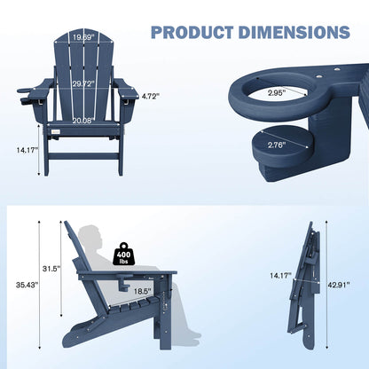 EROMMY 3-Position Adjustable Adirondack Chairs Set of 4, 400LBS HDPE Folding Outdoor Chairs with Cup Holder, Navy Blue