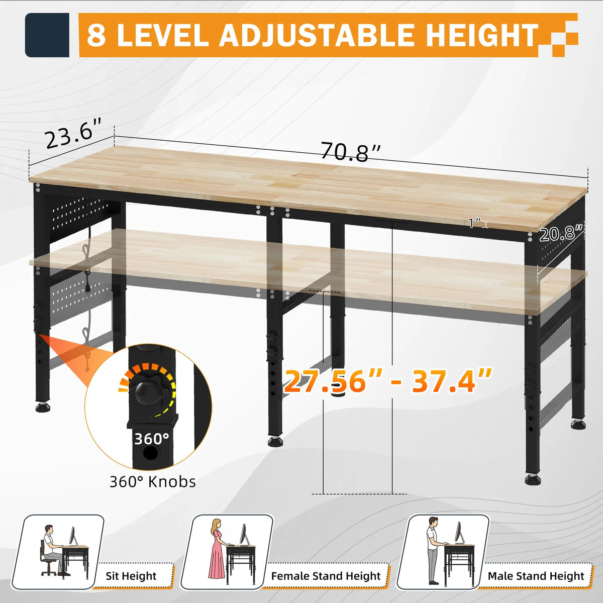 EROMMY 72" Adjustable Heavy Duty Workbench with Power Outlets & Pegboard, 2000 LBS Capacity Rubber Wood Top Work Table for Garage, Workshop, Home & Commercial