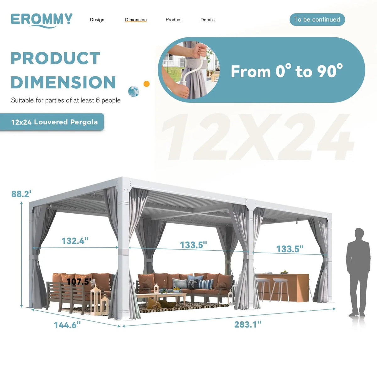 EROMMY 12x24 Pergola with Adjustable Louvered Roof (White)