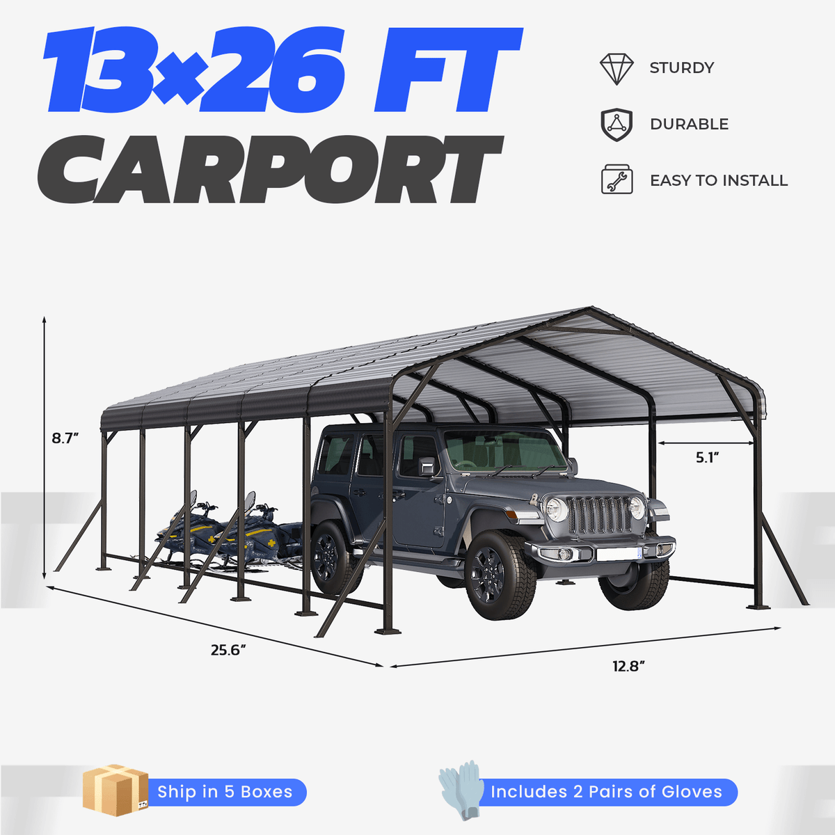 EROMMY 13' x 26' Outdoor Steel Carport with Galvanized Steel Frame and Roof