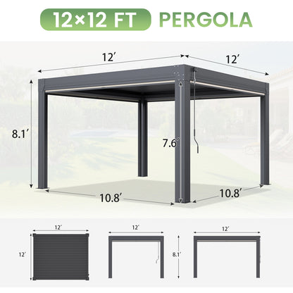 EROMMY 12' x 12' Louvered Pergola with Pull-Down Screens, Aluminum Outdoor Pergola with Retractable Roof for Patios, Decks & Backyards, Black