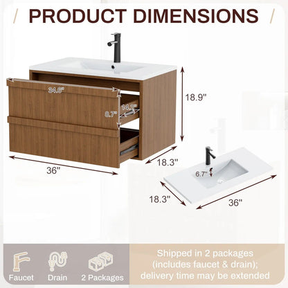 EROMMY 36 Inch Bathroom Vanity with Sink, Floating Bathroom Vanity with 2 Large Storage Drawers, Wood Grain Wall Mounted Bathroom Cabinet, Walnut