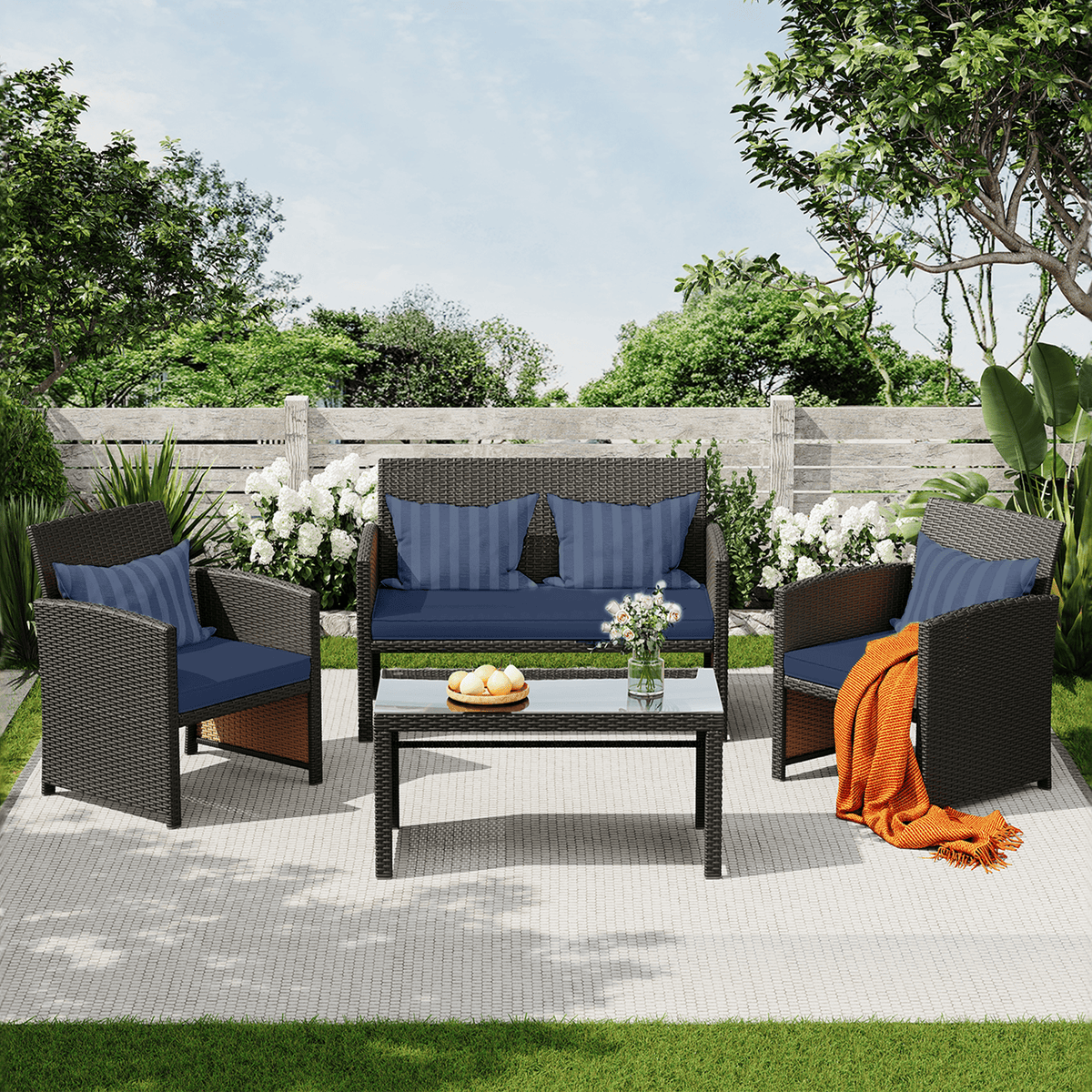EROMMY 4-Piece Patio Furniture Set, Outdoor Wicker Patio Conversation Set with Cushions, Sofa & Glass Coffee Table, Navy Blue