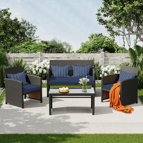 EROMMY 4-Piece Patio Furniture Set, Outdoor Wicker Patio Conversation Set with Cushions, Sofa & Glass Coffee Table, Navy Blue
