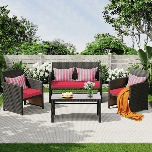 EROMMY 4-Piece Patio Furniture Set, Outdoor Wicker Patio Conversation Set with Cushions, Sofa & Glass Coffee Table, Red