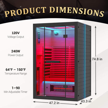 EROMMY 2 Person Infrared Sauna with Red Light Therapy, 360° Fast Heating, 7-Color LED & Bluetooth, Adjustable Seat, Black