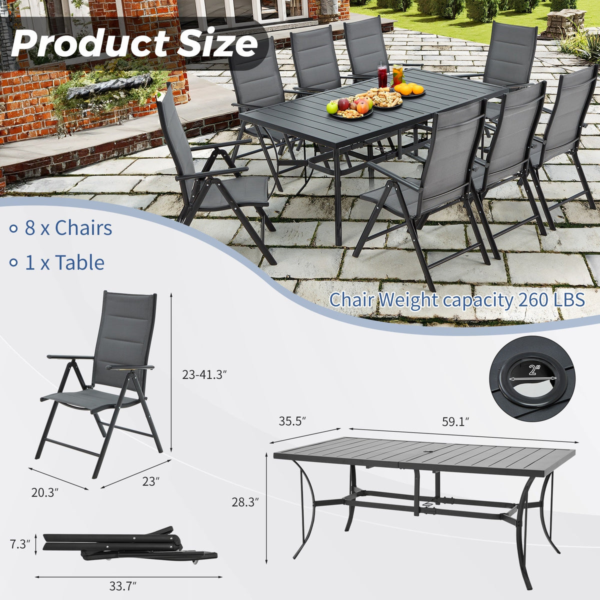 EROMMY 9-Piece Patio Dining Set: Durable Aluminum Chairs & Metal Table, All-Weather Outdoor Furniture(Dark Gray)
