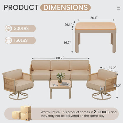 EROMMY 5 Seats Patio Furniture Set,Outdoor Swivel Glider Rocking Chairs with 6" Thick Cushions, 3-seat & Coffee Table, Beige