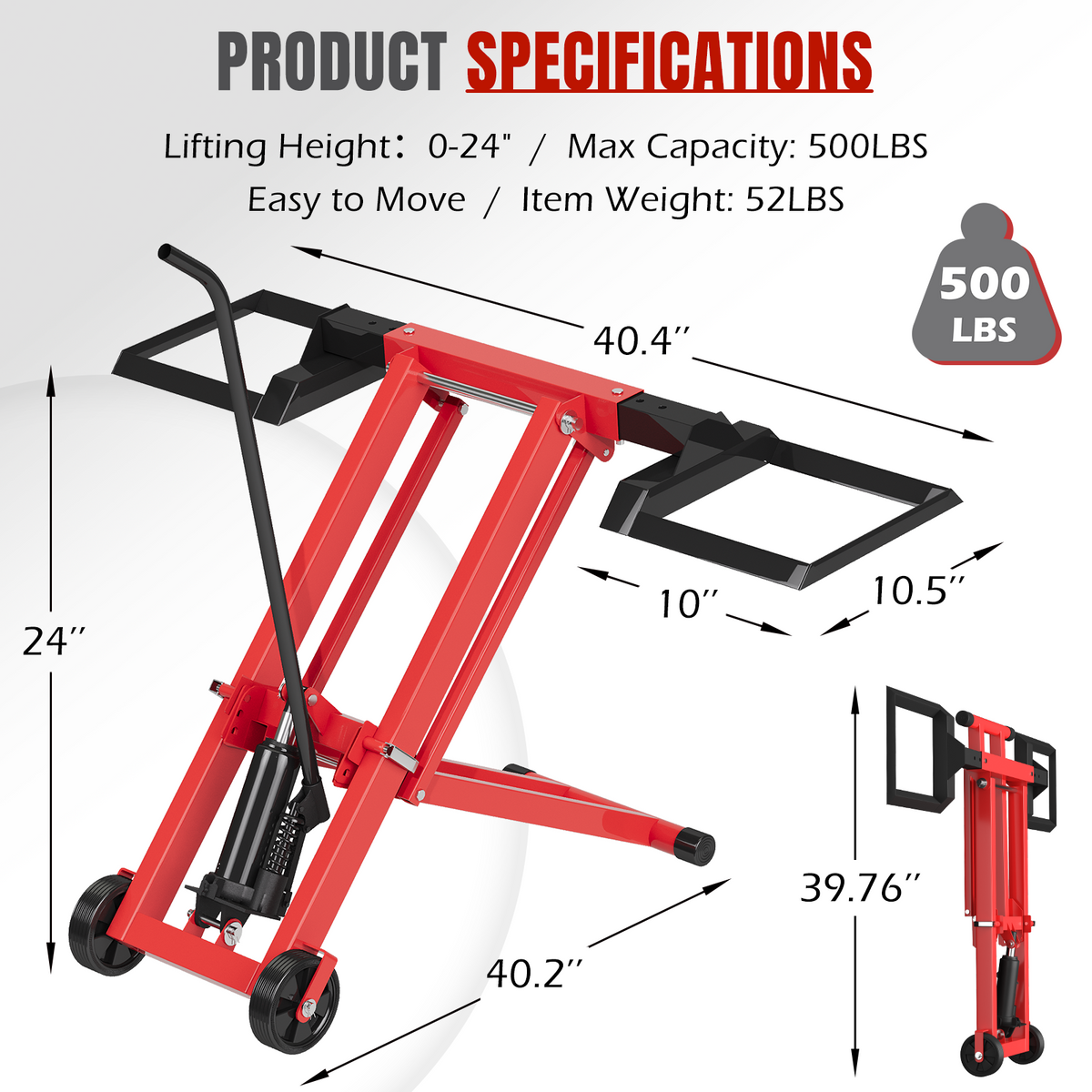 EROMMY 500LB Hydraulic Mower Lift for 40-47.6" Axle, 24" Lawn Tractor Jack with 3-Height Adjustment, Red