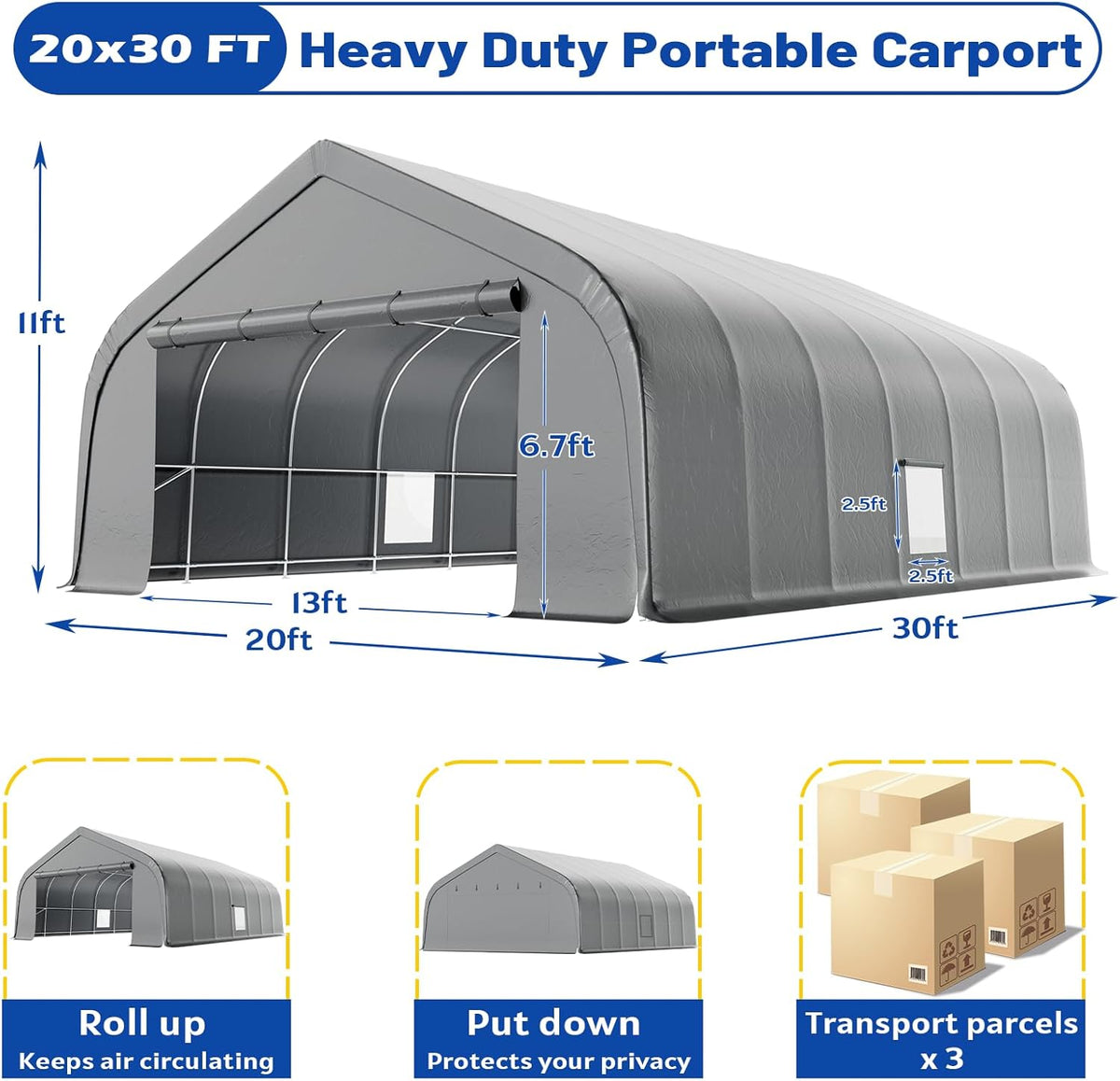 EROMMY 20x30 FT Heavy Duty Durable Carport With 3-Layer PE Waterproof Cover
