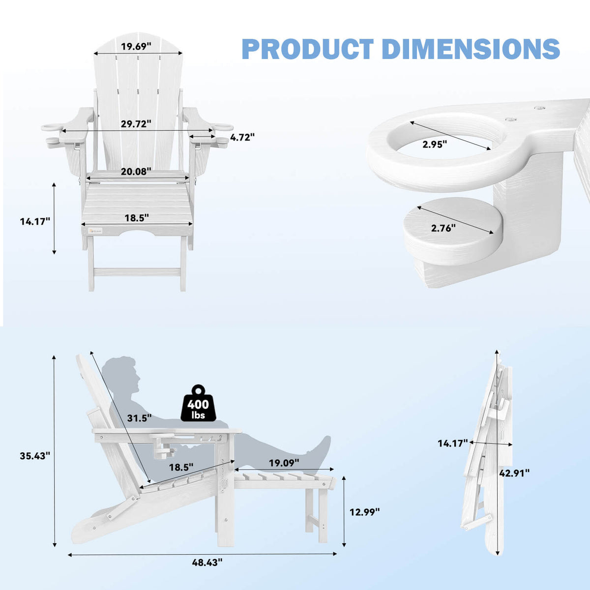 EROMMY 3-Level  Adjustable Adirondack Chair with Retractable Ottoman, Folding HDPE Outdoor Chair with Cup Holders, White