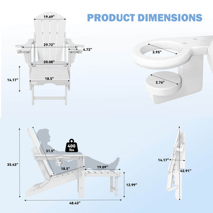EROMMY 3-Level  Adjustable Adirondack Chair with Retractable Ottoman, Folding HDPE Outdoor Chair with Cup Holders, White