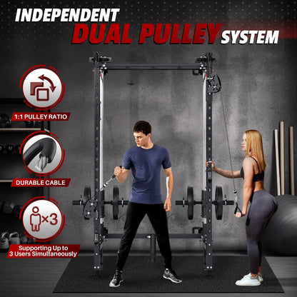 EROMMY Folding Squat Rack, Wall Mounted Power Rack with Cable Crossover Machine & LAT Pull Down Multi-Function Space-Saving Power Cage, Black