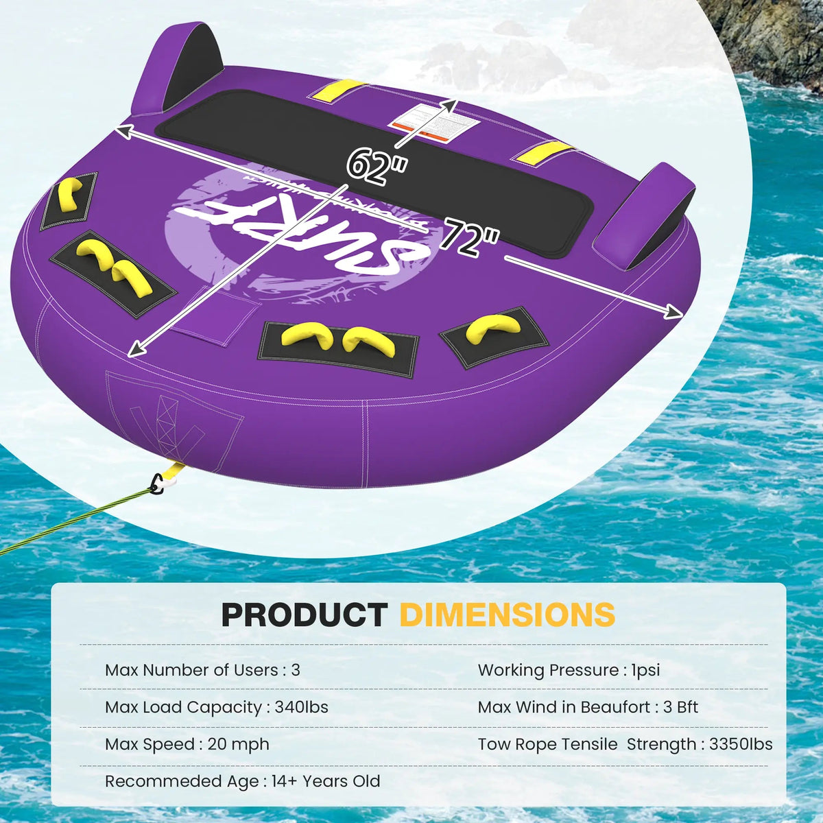 EROMMY 3-Person Deck Towable Tubes for Boating with Winged Side Bolsters and Towable Rope, Padded Bolster Guard Handles & Quick-Connect Tow Point