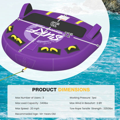 EROMMY 3-Person Deck Towable Tubes for Boating with Winged Side Bolsters and Towable Rope, Padded Bolster Guard Handles & Quick-Connect Tow Point