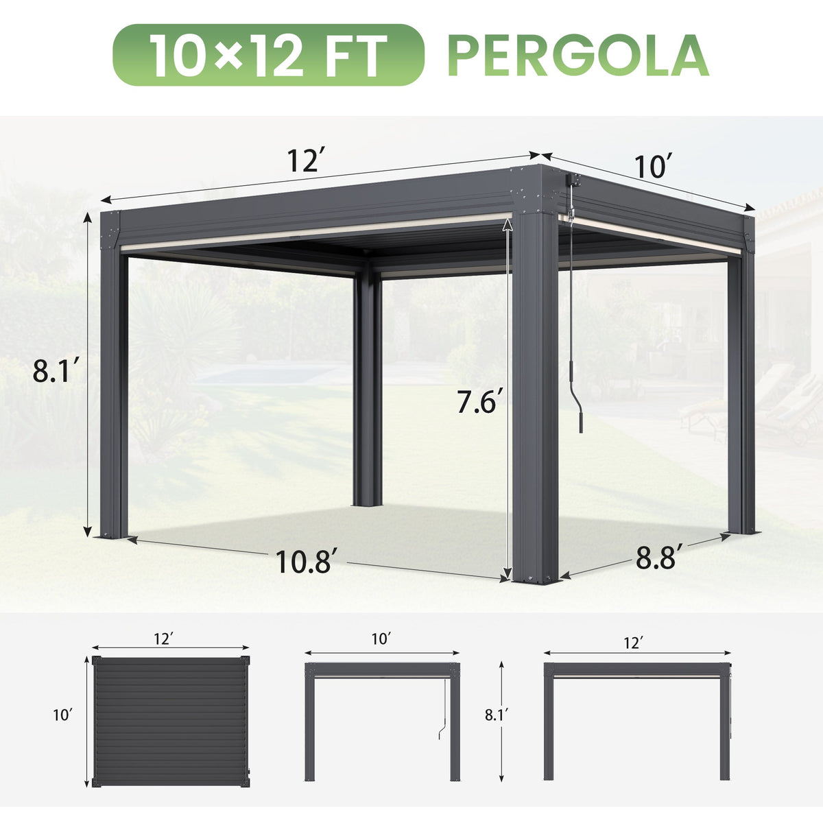 EROMMY 10' x 12' Louvered Pergola with Pull-Down Screens, Aluminum Outdoor Pergola with Retractable Roof for Patios, Decks & Backyards, Black