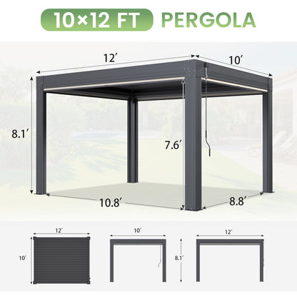 EROMMY 10' x 12' Louvered Pergola with Pull-Down Screens, Aluminum Outdoor Pergola with Retractable Roof for Patios, Decks & Backyards, Black