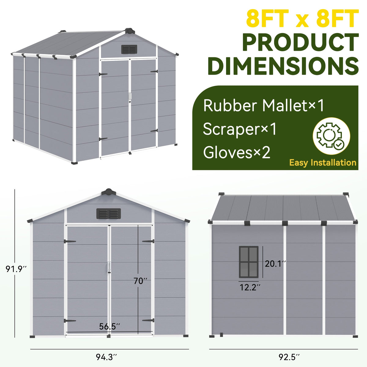 8x8 FT Outdoor Storage Shed, Weather-Resistant Shed with Lockable Double Doors & Built-In Floor, Sloped Roof Outdoor Shed for Backyard, Patio & Lawn, Gray