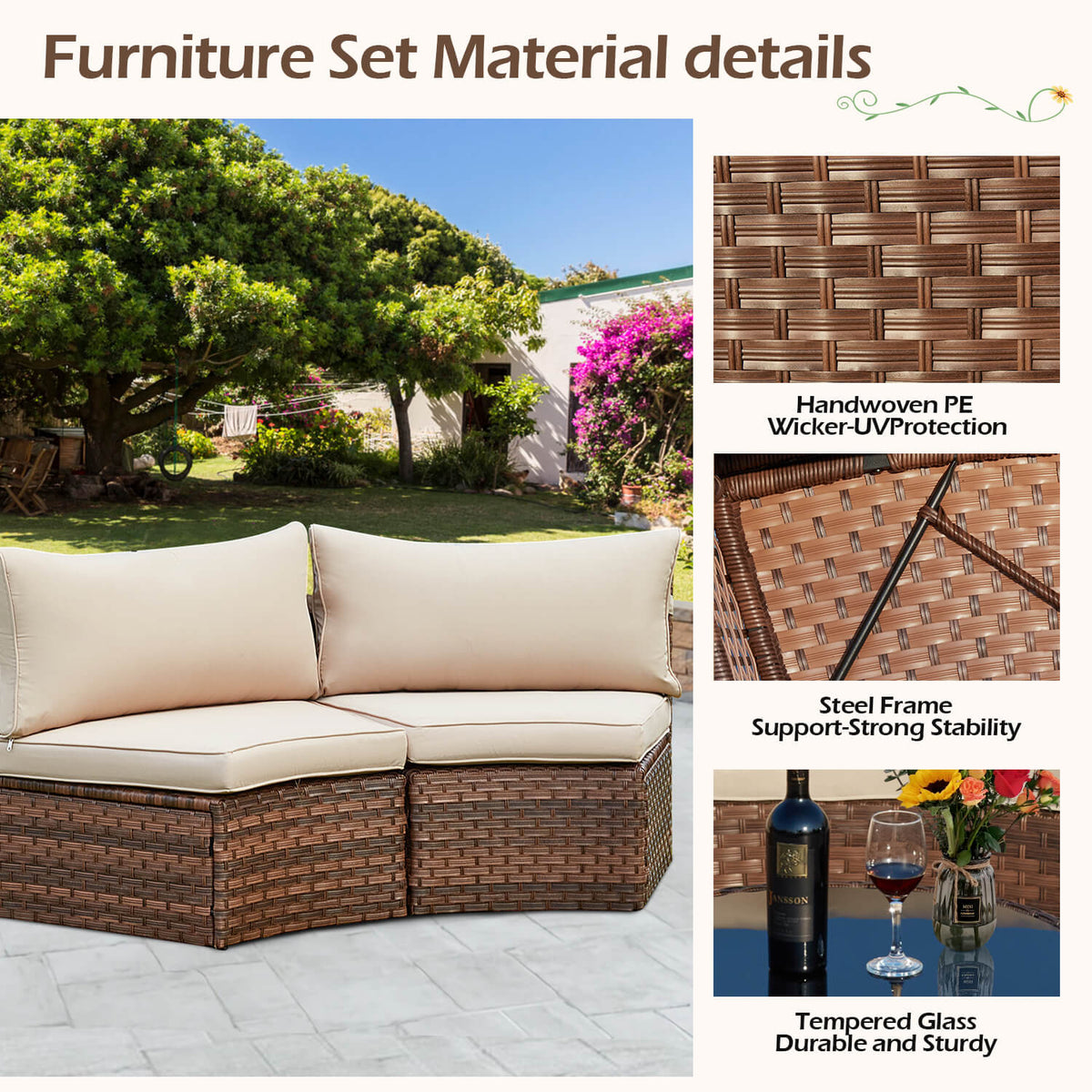 EROMMY Outdoor Patio Furniture Set, 7-Piece Half-Moon Wicker Patio Sofa Set with Storage Table, Brown & Beige