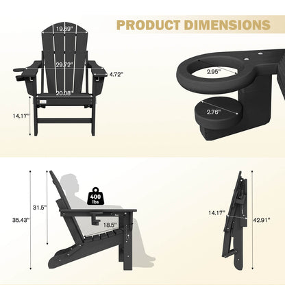 EROMMY 3-Position Adjustable Adirondack Chairs Set of 4, 400LBS HDPE Folding Outdoor Chairs with Cup Holder, Black