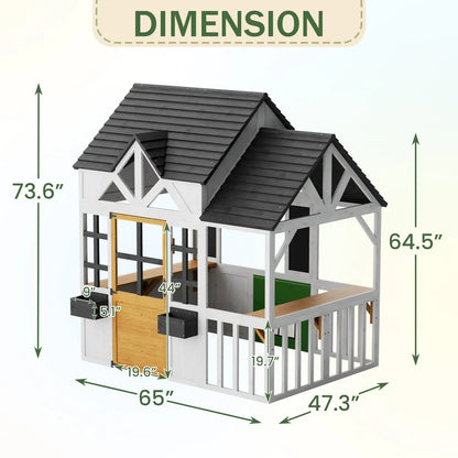 EROMMY Outdoor Play House for Kids, Elevated Roof Wooden Kids Playhouse with Kitchen Toys, Blackboard,Magnetic Door, Flowerpot Holders, Pet Hole, Clock,Black and White