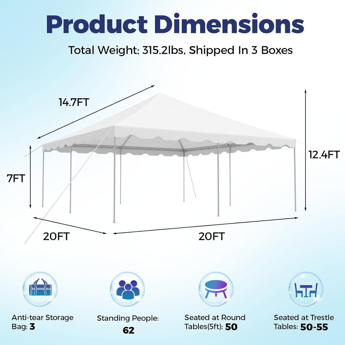 EROMMY 20x20ft Pole Party Tent, Heavy Duty Outdoor Canopy with Carry Bags, Large White Event Tent