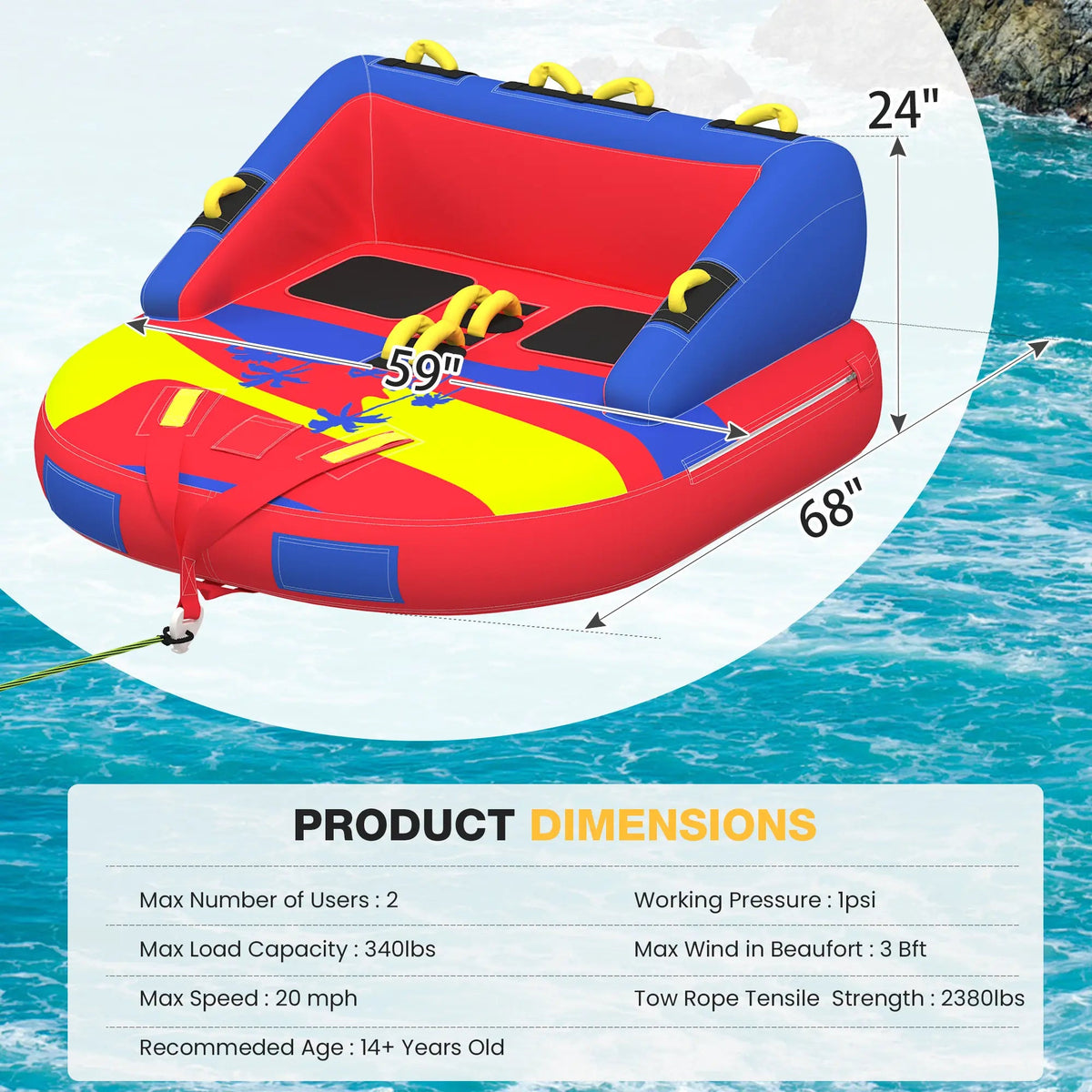 EROMMY 2-Person Towable Tubes for Boating with Towable Rope, Couch Reversible Boat Tube, Padded Bolster Guard Handles & Quick-Connect Tow Point