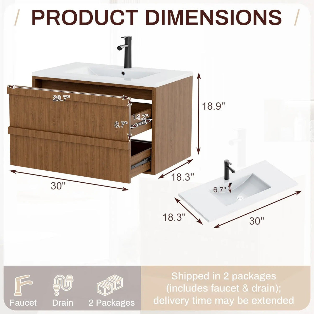 EROMMY 30 Inch Bathroom Vanity with Sink, Floating Bathroom Vanity with 2 Large Storage Drawers, Wood Grain Wall Mounted Bathroom Cabinet, Walnut