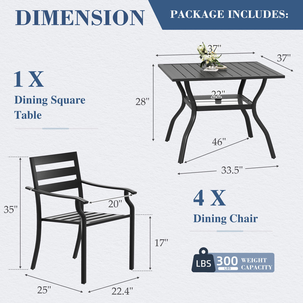 EROMMY 5-Piece Outdoor Patio Dining Set for 4, Square Metal Table with Umbrella Hole & Stackable Chairs