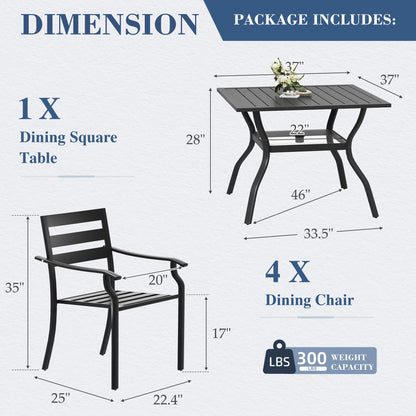 EROMMY 5-Piece Outdoor Patio Dining Set for 4, Square Metal Table with Umbrella Hole & Stackable Chairs