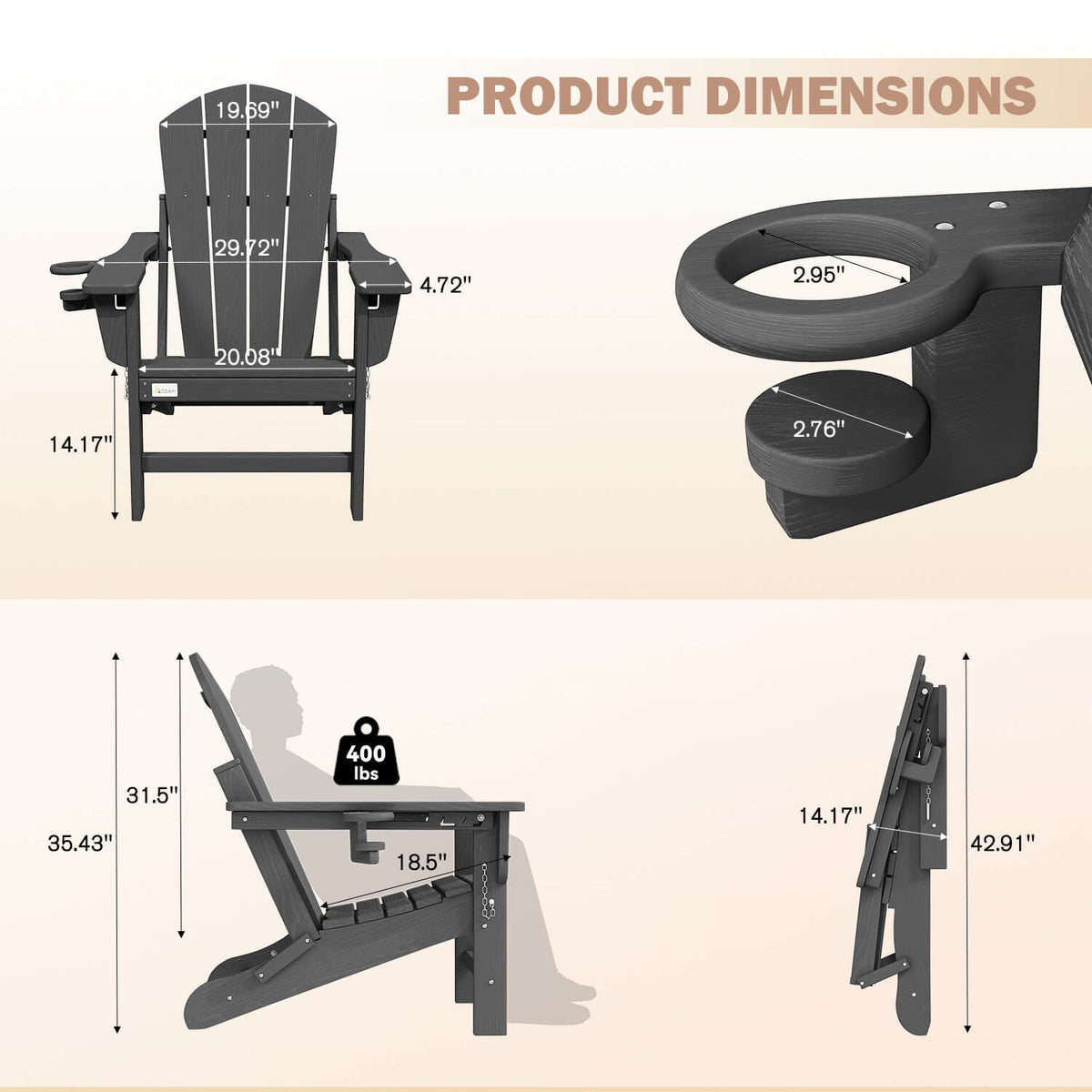 EROMMY 3-Position Adjustable Adirondack Chair, 400LBS HDPE Folding Outdoor Chair with Cup Holder, Gray