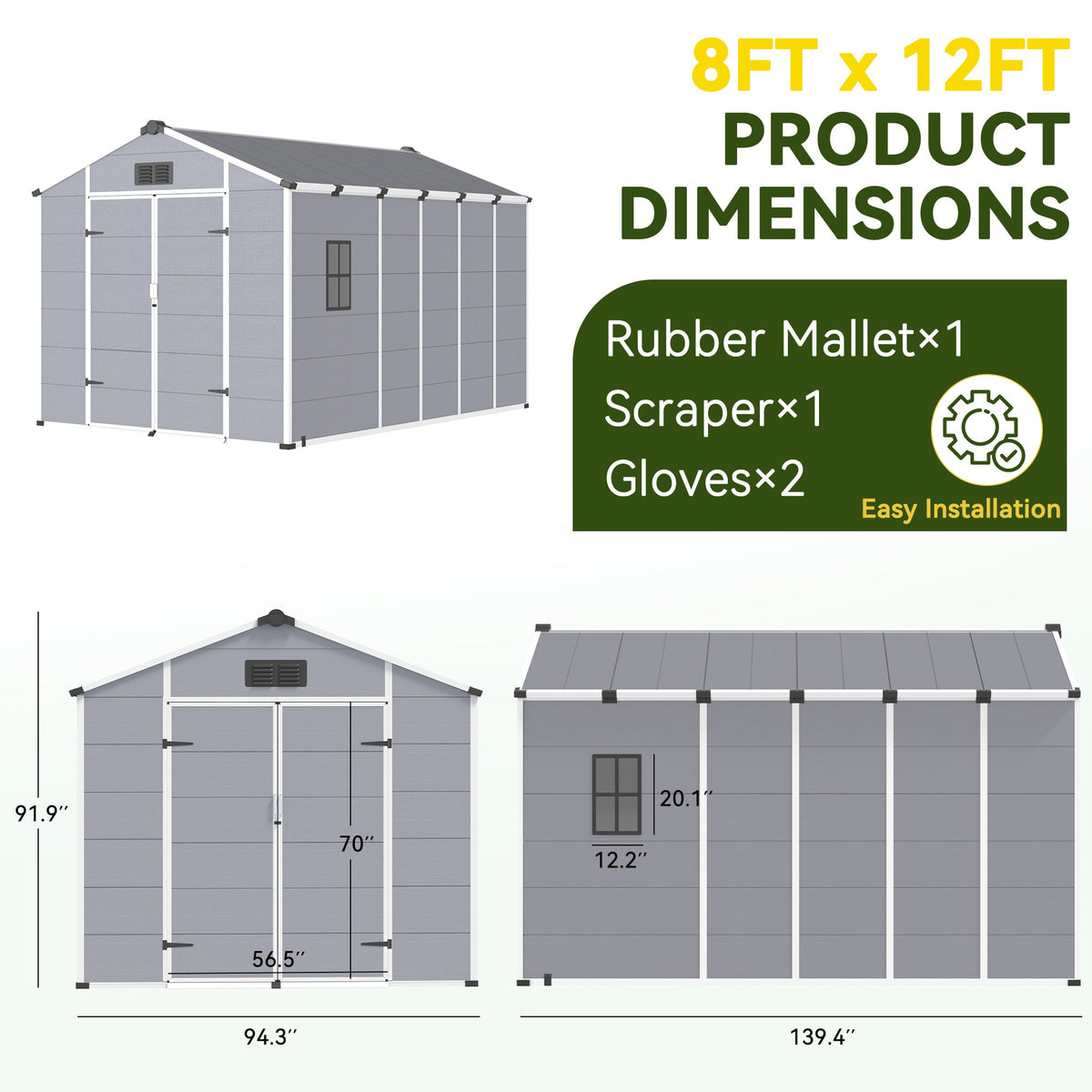 Erommy 8x12 FT Outdoor Storage Shed, Weather-Resistant Shed with Lockable Double Doors & Built-In Floor, Sloped Roof Outdoor Shed for Backyard, Patio & Lawn, Gray