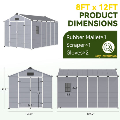 Erommy 8x12 FT Outdoor Storage Shed, Weather-Resistant Shed with Lockable Double Doors & Built-In Floor, Sloped Roof Outdoor Shed for Backyard, Patio & Lawn, Gray