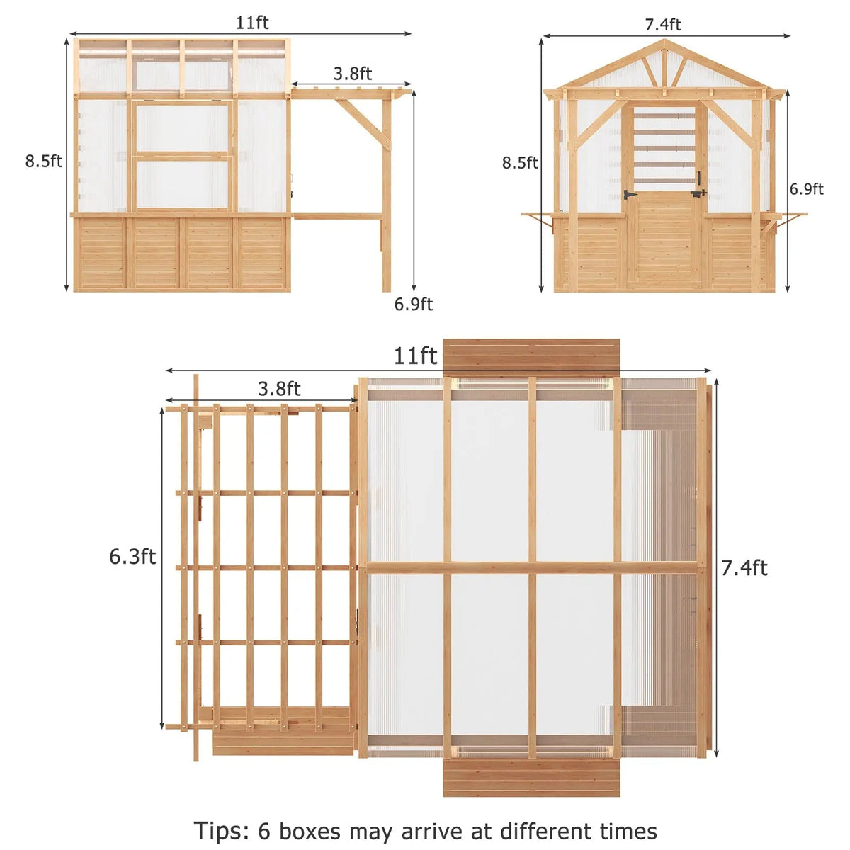 EROMMY 7x11 FT Spruce Wood Greenhouse with Pergola, Walk-in Polycarbonate Greenhouse Kit with Top-Hung Windows