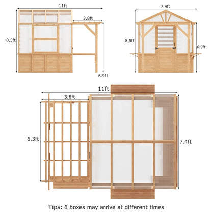 EROMMY 7x11 FT Spruce Wood Greenhouse with Pergola, Walk-in Polycarbonate Greenhouse Kit with Top-Hung Windows