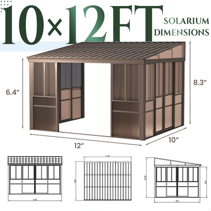 EROMMY 10 x 12FT Wall-Mounted Sunroom with Removable 3-Sided Doors & Aluminum Frame, All-Weather Sun Room with Galvanized Steel Roof, 6mm Thickened PC Screen