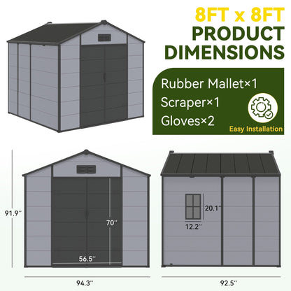 8x8 FT Outdoor Storage Shed, Weather-Resistant Shed with Lockable Double Doors & Built-In Floor, Sloped Roof Outdoor Shed for Backyard, Patio & Lawn, Black