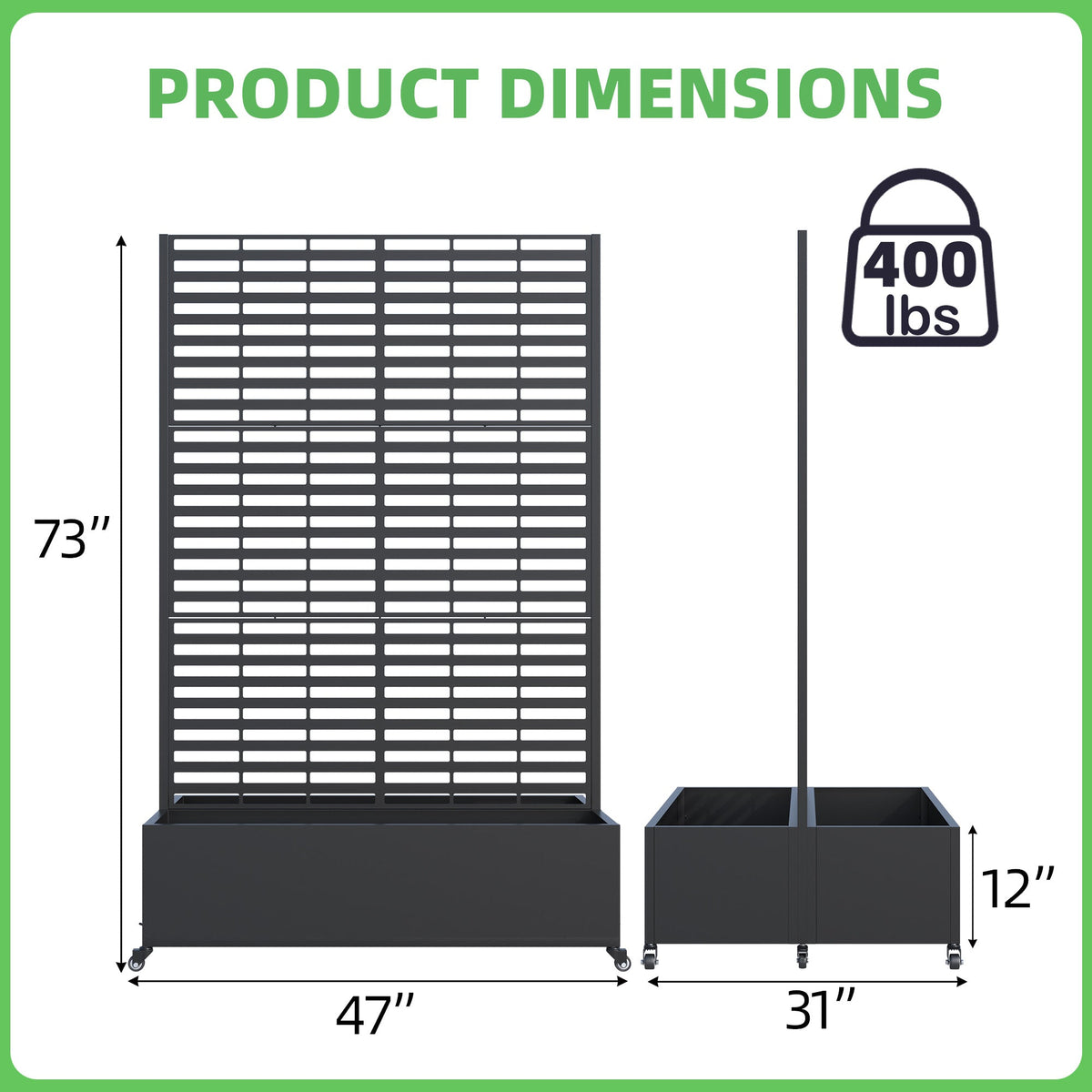 EROMMY Dual Metal Planter Box with Trellis, 73"x47"x31" Raised Garden Bed with Wheels and Drainage Holes, Planter with Trellis for Garden, Balcony & Patio, Black